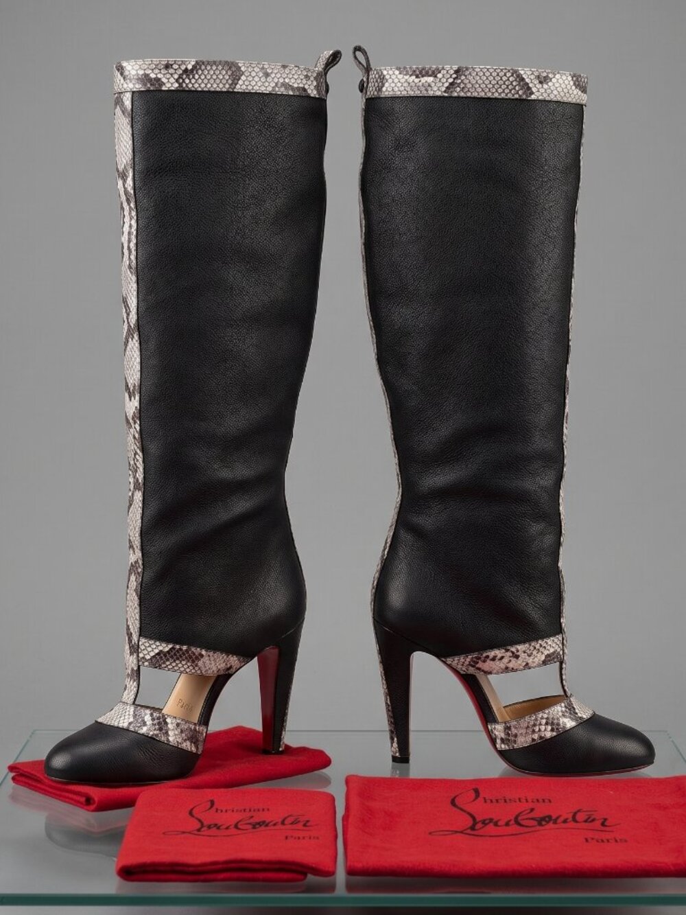 Christian Louboutin Knee High Platform Boots Python Trim Red Bottom Heels Size 7